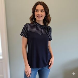 Diana Belle Navy Blue Polka Dot Tie Neck Blouse Size L Retro Style